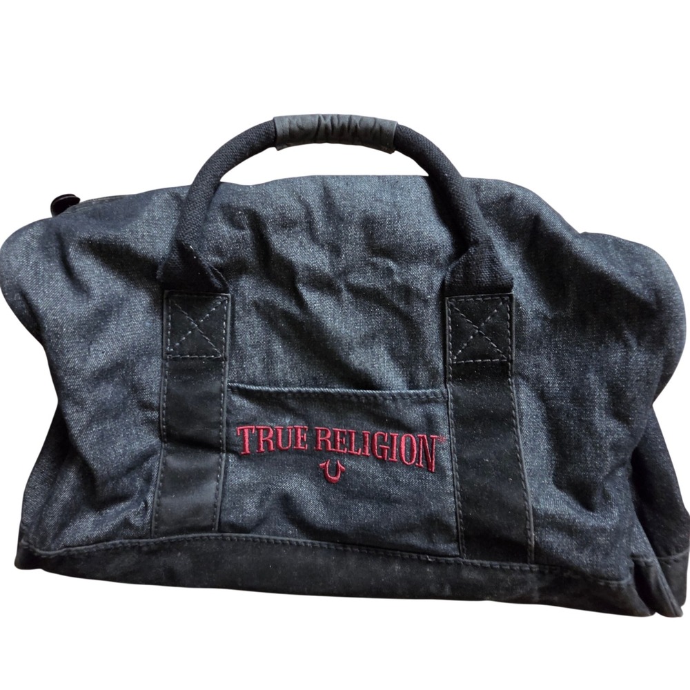 True Religion Denim Duffle Bag Weekend Carryall Red Embroidered Logo Travel Gym